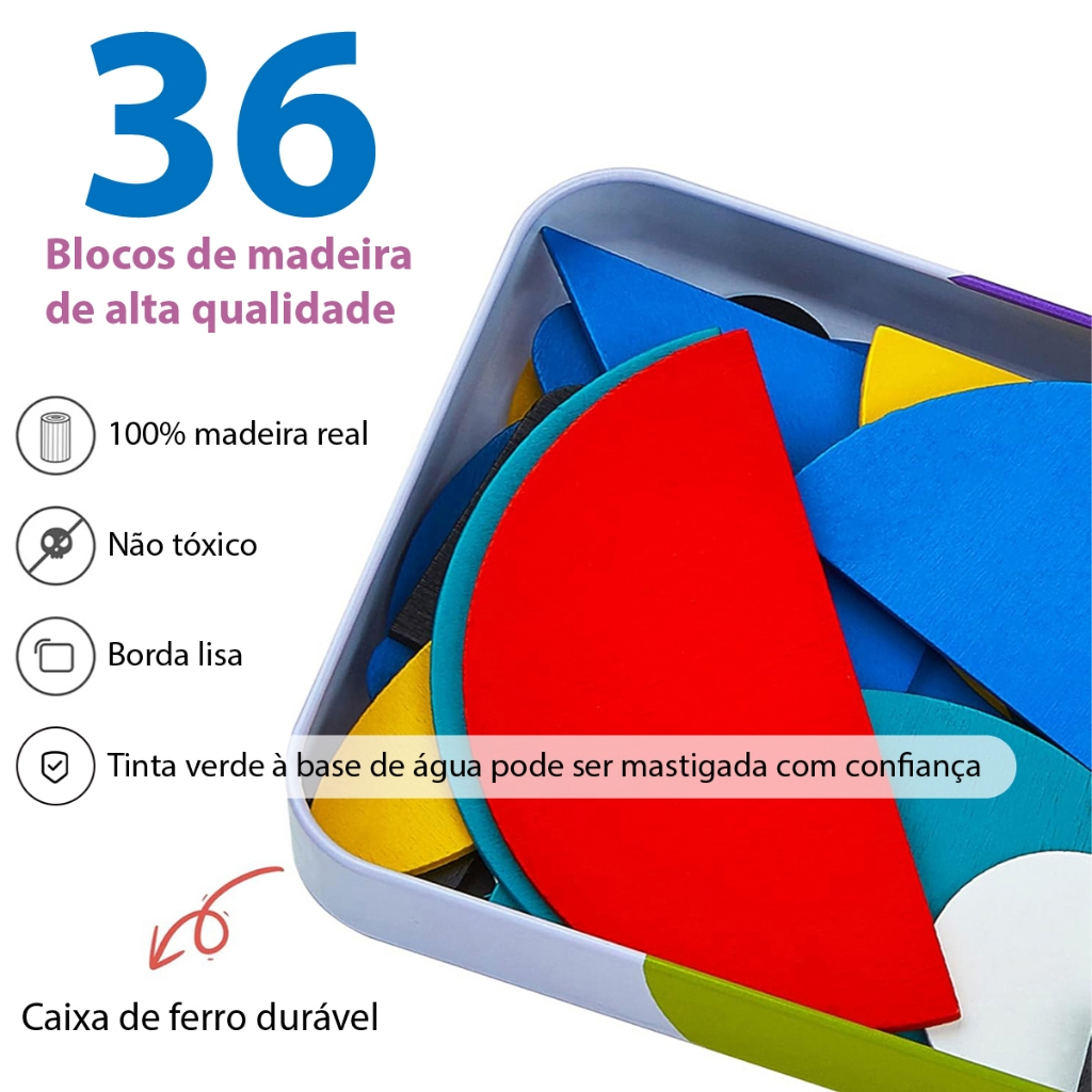 Wooden Shape Puzzles (36 blocos e 60 cartas) , Brinquedos de Desenvolvimento Montessori