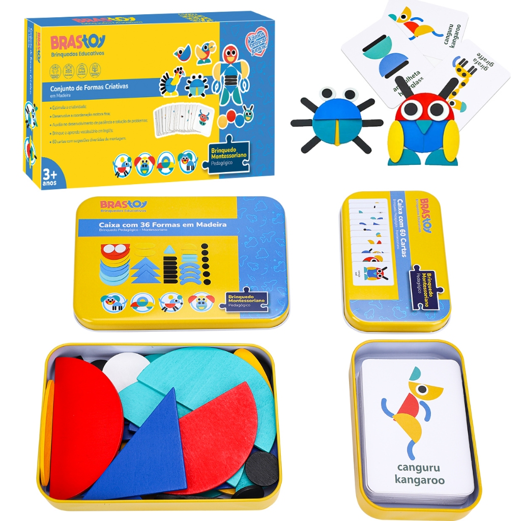 Wooden Shape Puzzles (36 blocos e 60 cartas) , Brinquedos de Desenvolvimento Montessori
