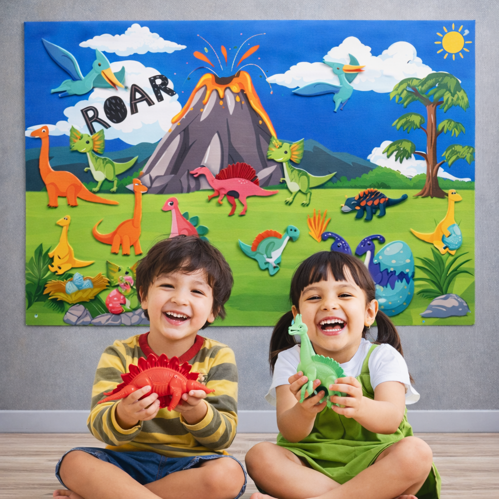 Painel de Histórias em Feltro 3D Dinossauro – Imaginação, Linguagem e Interação