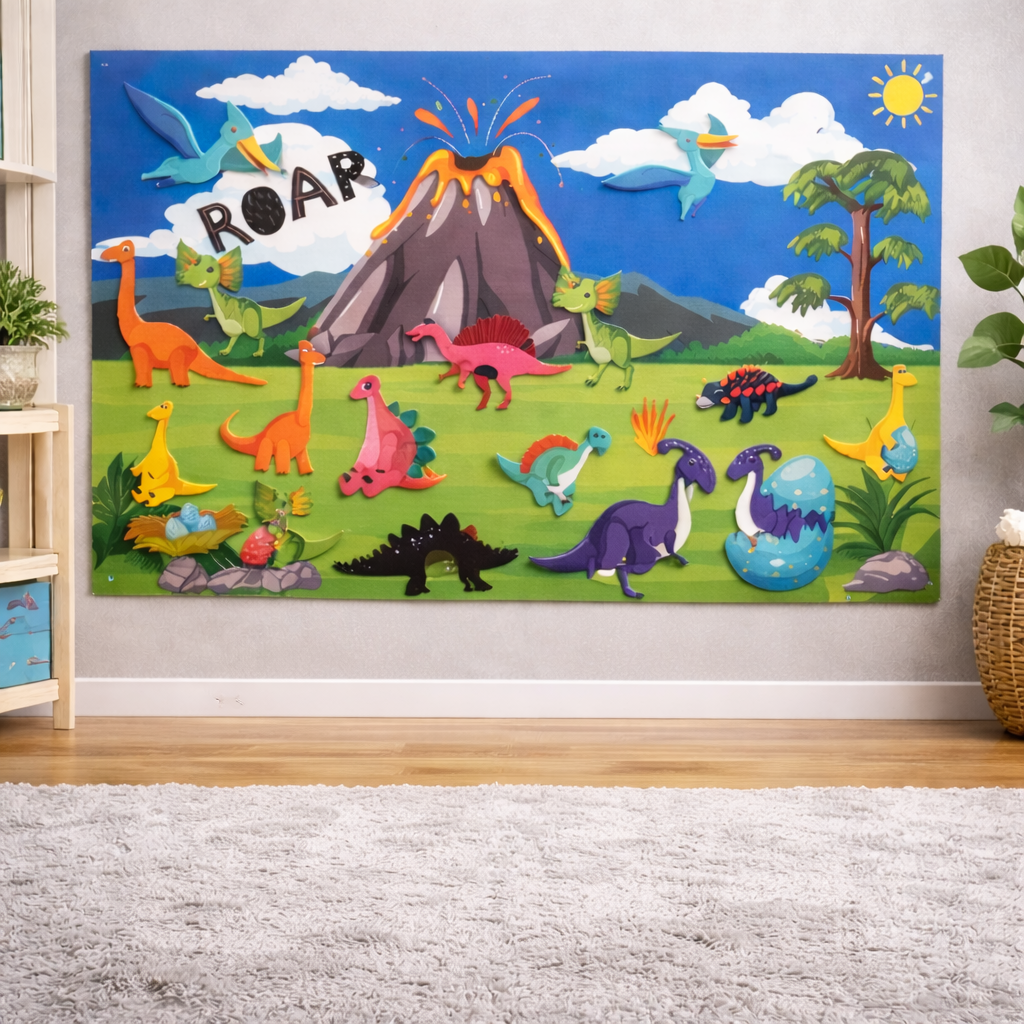 Painel de Histórias em Feltro 3D Dinossauro – Imaginação, Linguagem e Interação
