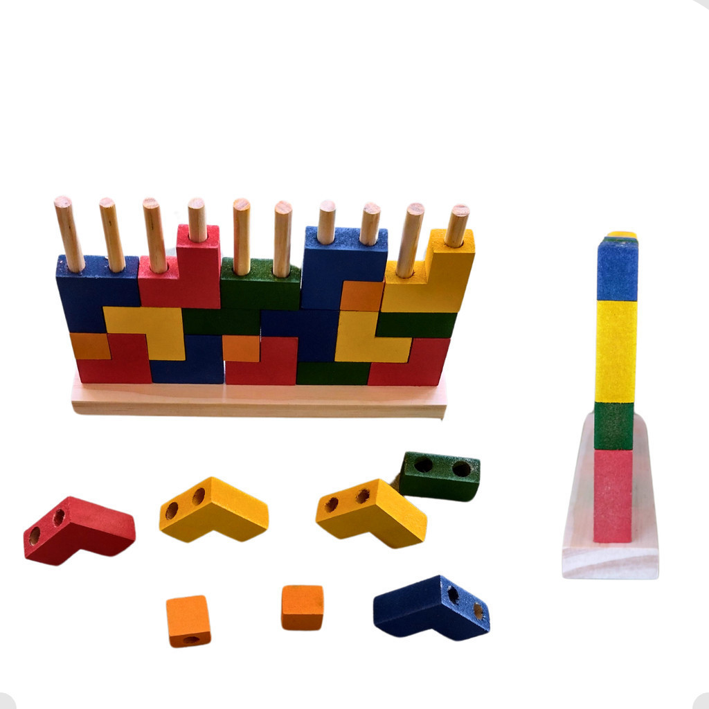 Blocos De Encaixe Vertical Junior Tetris em Madeira 25 Peças Tamanho Pequeno Brinquedo Educativo
